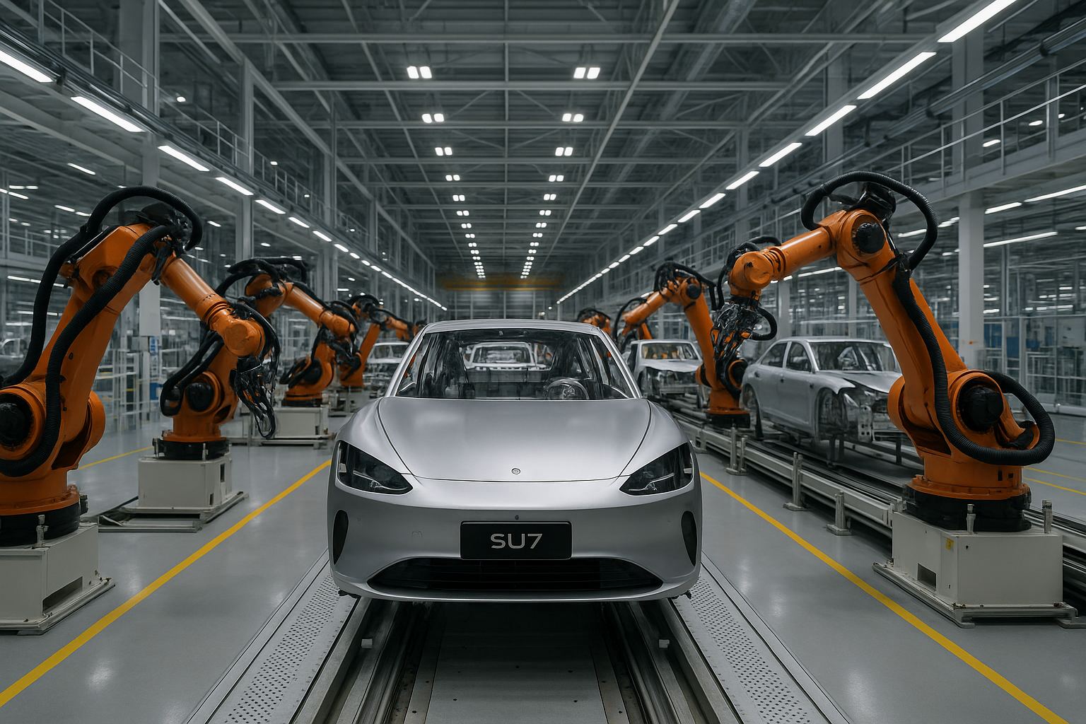 An image of the Xiaomi SU7 assembly line, showing the high-tech, automated factory with robotic arms working on the car bodies.