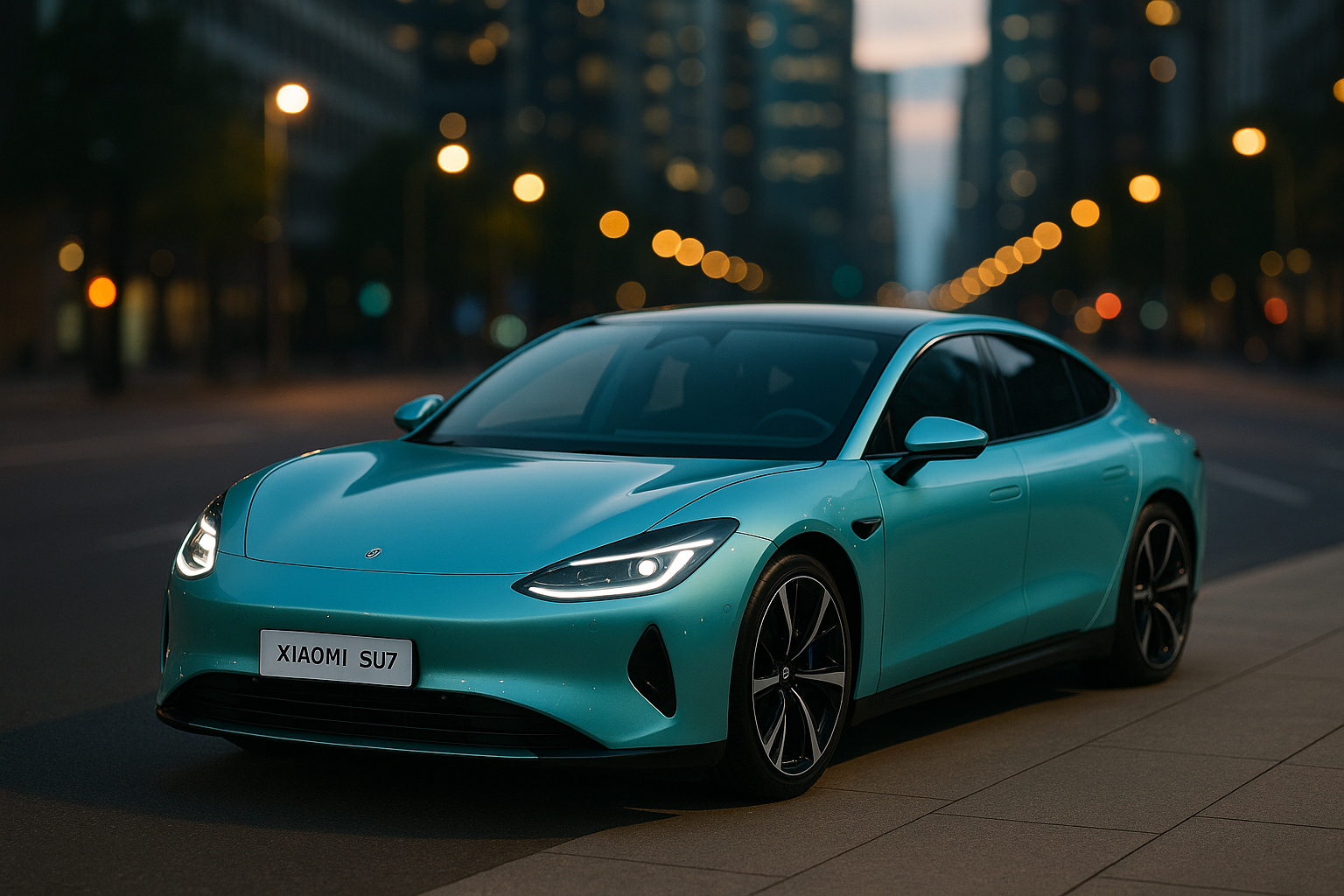 A photorealistic image of the sleek, aqua blue Xiaomi SU7 electric sports sedan parked on a city street at dusk, with its distinctive headlights on.